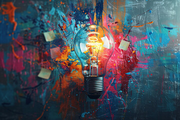 Illuminated light bulb against vibrant abstract painted backdrop