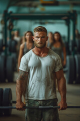 a man is standing by a barbell at the gym