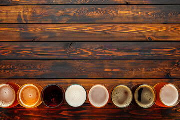 A line of beers on a wooden surface, in the style of rustic texture, background, free space, generative AI