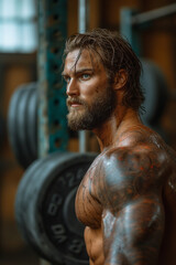 a man is standing by a barbell at the gym
