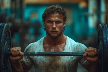 a man is standing by a barbell at the gym