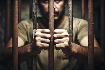 Hands holding prison bars, captivity and freedom concept, criminal justice system - obrazy, fototapety, plakaty