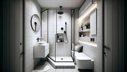 A small, modern-style bathroom interior. This compact space is efficiently designed with a corner shower featuring glass doors and a sleek shower head