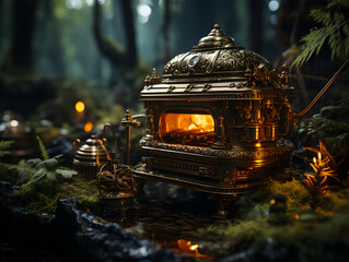 A stove is sitting on a campfire in a forest