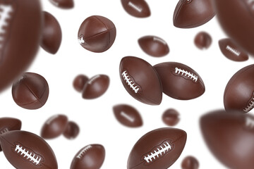 Many American football balls falling on white background