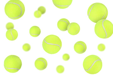 Many tennis balls falling on white background