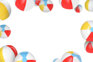 Many colorful inflatable balls falling on white background