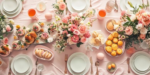 Wedding breakfast in the nature with fruits, tea and croissants. Wedding bouquet