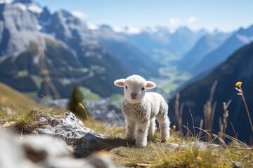 Tranquil alpine beauty. charming image of petit sheep strolling amidst lush meadows - obrazy, fototapety, plakaty