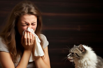 Adult woman sneezing next to cat - allergy or hay fever concept with copy space for text