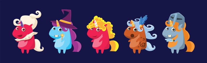 Funny Unicorn Bright Fantastic Animal with Horn and Tail Vector Set
