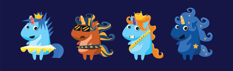 Funny Unicorn Bright Fantastic Animal with Horn and Tail Vector Set