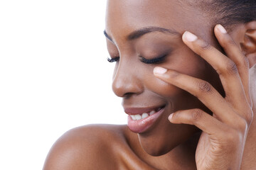 Hand, skin and face of black woman, beauty and natural cosmetics with wellness isolated on white background. Dermatology, facial and clean makeup with skincare, smooth and soft with shine in studio