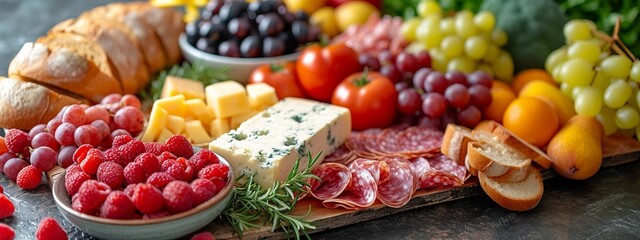 A banner with a continental breakfast - colorful assortment of fruits, cheeses, cold cuts, and bread - obrazy, fototapety, plakaty