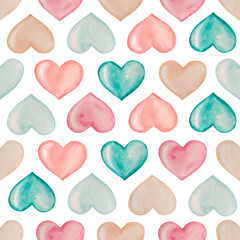 Watercolor seamless pattern colored pastel hearts, Valentine's day, love, hand painted on paper, white background,for design, packaging, invitation, backgrounds, postcard, wrapping paper, scrapbooking