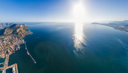 Palermo, Sicily, Italy. Coast in the city with ships. Sunny summer day. Aerial view