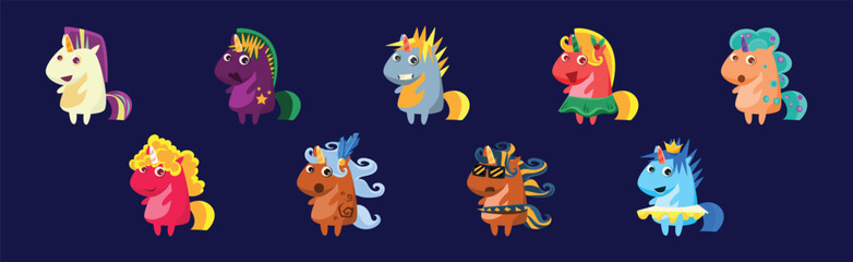 Funny Unicorn Bright Fantastic Animal with Horn and Tail Vector Set