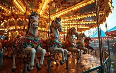 Obraz na płótnie Canvas Whirlwind of Vibrant Carousel Horses