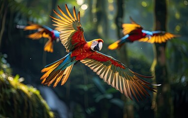Fototapeta premium Vibrant Macaws Soaring Rainforest