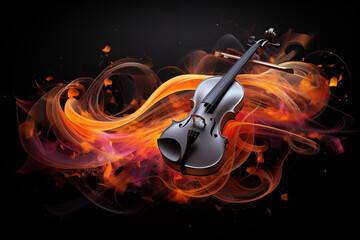 Violin on fire background. 3d illustration of violin on fire and black background