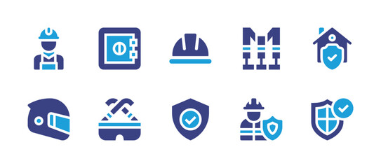 Safety icon set. Duotone color. Vector illustration. Containing security helmet, worker, home, protection, helmet, safety harness, safety box, safety, glasses.