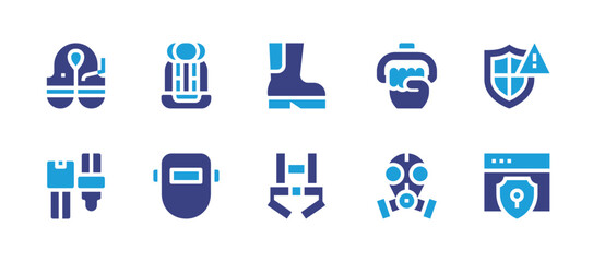 Safety icon set. Duotone color. Vector illustration. Containing life vest, protection, boot, safety belt, security, harness, baby car seat, handle, welding mask, gas mask.