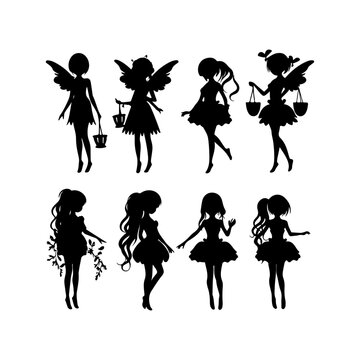 Pretty fairy silhouette. Beautiful fairies in different poses and vector illustration