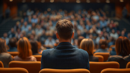 A Man in a Suit Sitting in Front of a Crowd of People