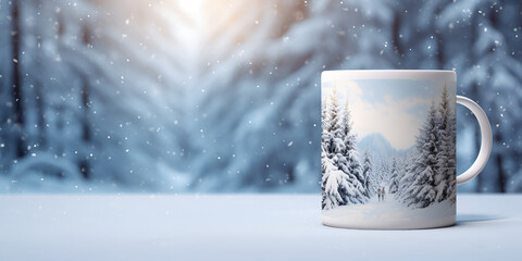 Warm mug near a frosty window, with falling snow outside ,A flower-patterned musk cup placed on the accumulated snow
 - obrazy, fototapety, plakaty