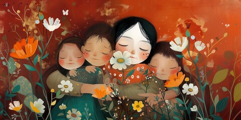 woman is hugged by children and given flowers