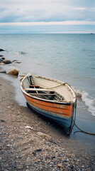 Fototapeta na wymiar Vintage Rowboat on the Shore, Captured on Film