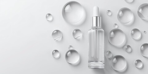 bottle of glass with cosmetic serum on white background. Mockup of container with dropper