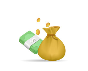 The concept of saving money. Banking, earnings, profits and money savings.
 A money bag with dollar coins. 3d vector illustration