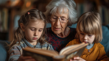 Woman Reading Book to Two Little Girls