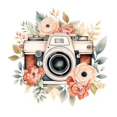 Vintage photo camera logo with flowers watercolor illustration png isolated on a transparent background, clipart - obrazy, fototapety, plakaty