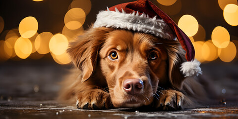 Dog in Santa hat with Christmas lights at night
