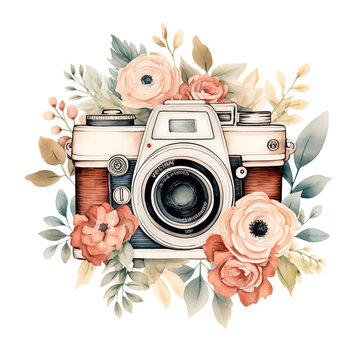 Vintage photo camera logo with flowers watercolor illustration png isolated on a transparent background, clipart