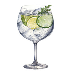 glass of Gin and tonic alcoholic drink watercolor illustration png isolated on a transparent background, cocktail clipart