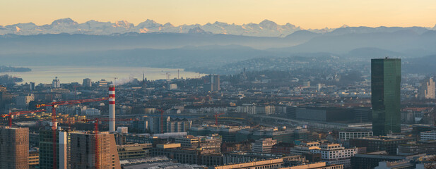 Aerial view of Zurich city Switzerland. Sunset light, no people