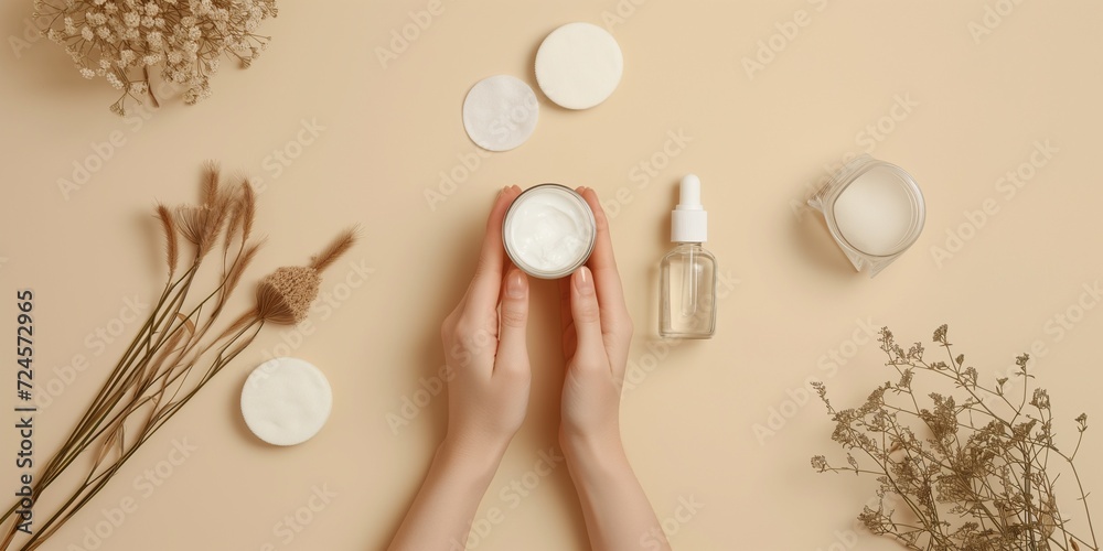 Wall mural Skincare routine step for healthy skin on beige background. Beauty and cosmetic concept.