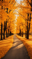 Fototapeta premium Autumn Path in Park: Vibrant Orange Leaves