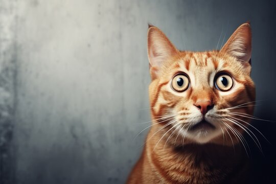 Startled feline - adorable surprised cat with wide eyes staring at camera, blank space for text