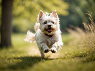 A small, fluffy white dog with a red collar happily running through a grassy field
