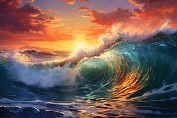 Sunrise on the beach and ocean waves on a tropical sea
