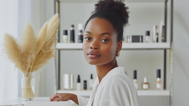 "Professionnelle de la beauté : Femme en tenue d'affaires souriant devant une étagère de produits cosmétiques"