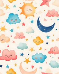 digital paper dreamy pastel clouds and celestial elements, seamless pattern