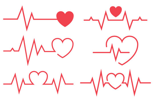 Red ecg heartbeat lines with hearts collection