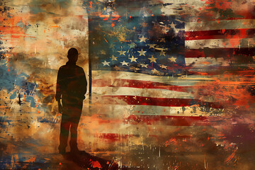 American patriot with a vintage distressed flag of the United States of America showing loyalty and patriotism to the Stars and Stripes of the USA, stock illustration image
