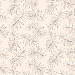 Exotic palm jungle line art leaves, floral seamless pattern for fabric textile or wallpapers. Vector tropical jungle leaves modern light blue background