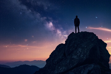 A silhouette of a man, standing on top of a mountain and looking at the stars and clouds in front of him, sunrise, sunset